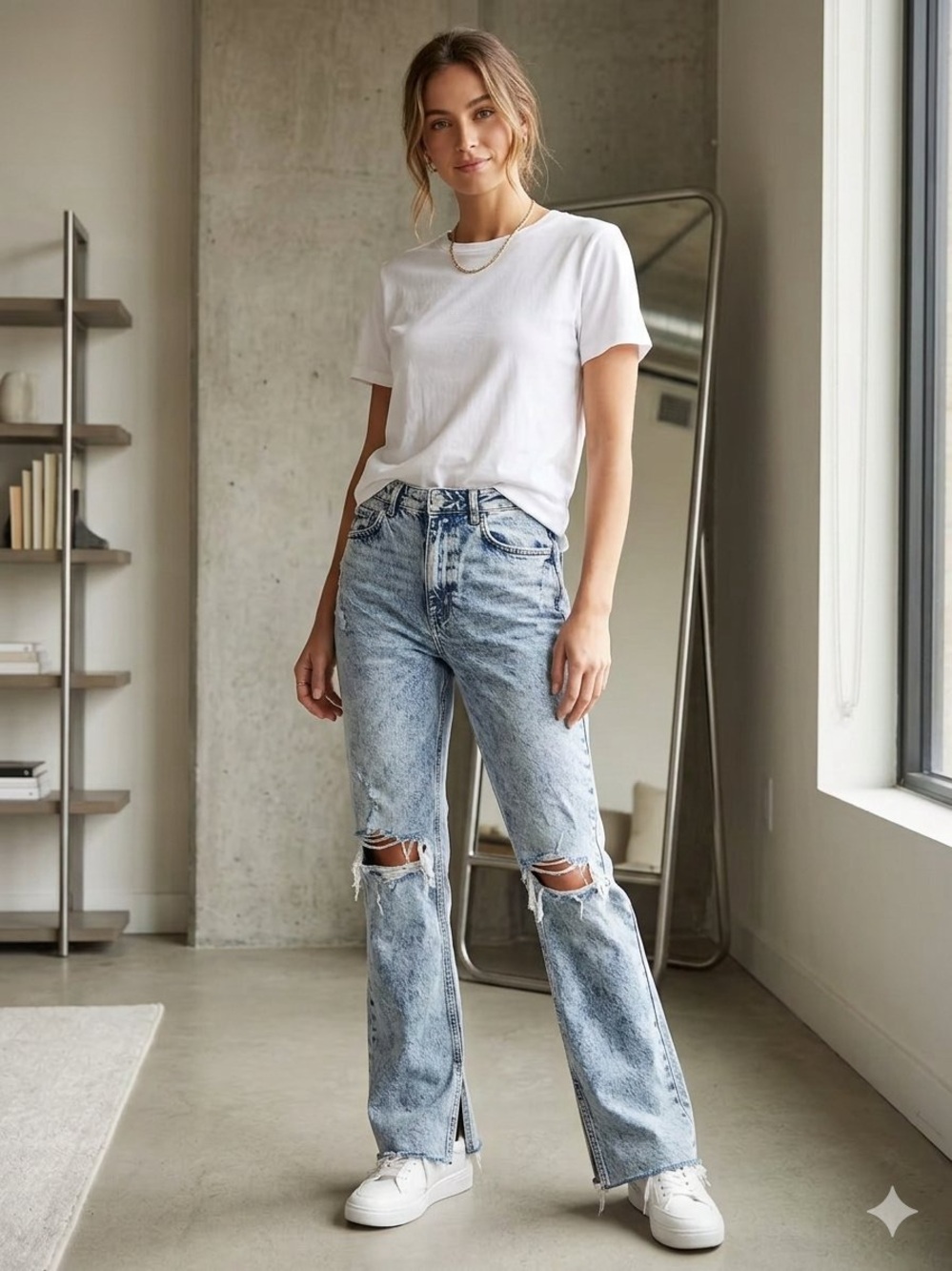 Zara Light Blue High-Rise Flare Jeans with Knee Rips